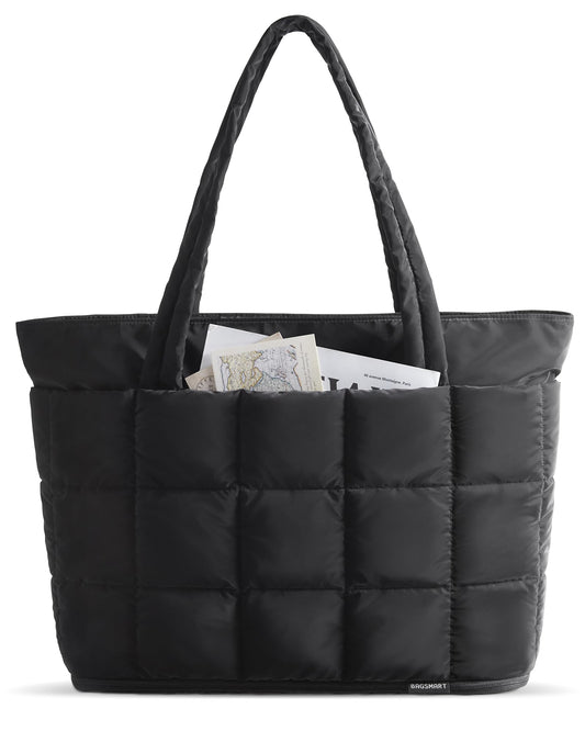 BAGSMART Expandable Puffy Tote Bag for Women – Quilted Work & Travel Carry-On Handbag (Black, Large)