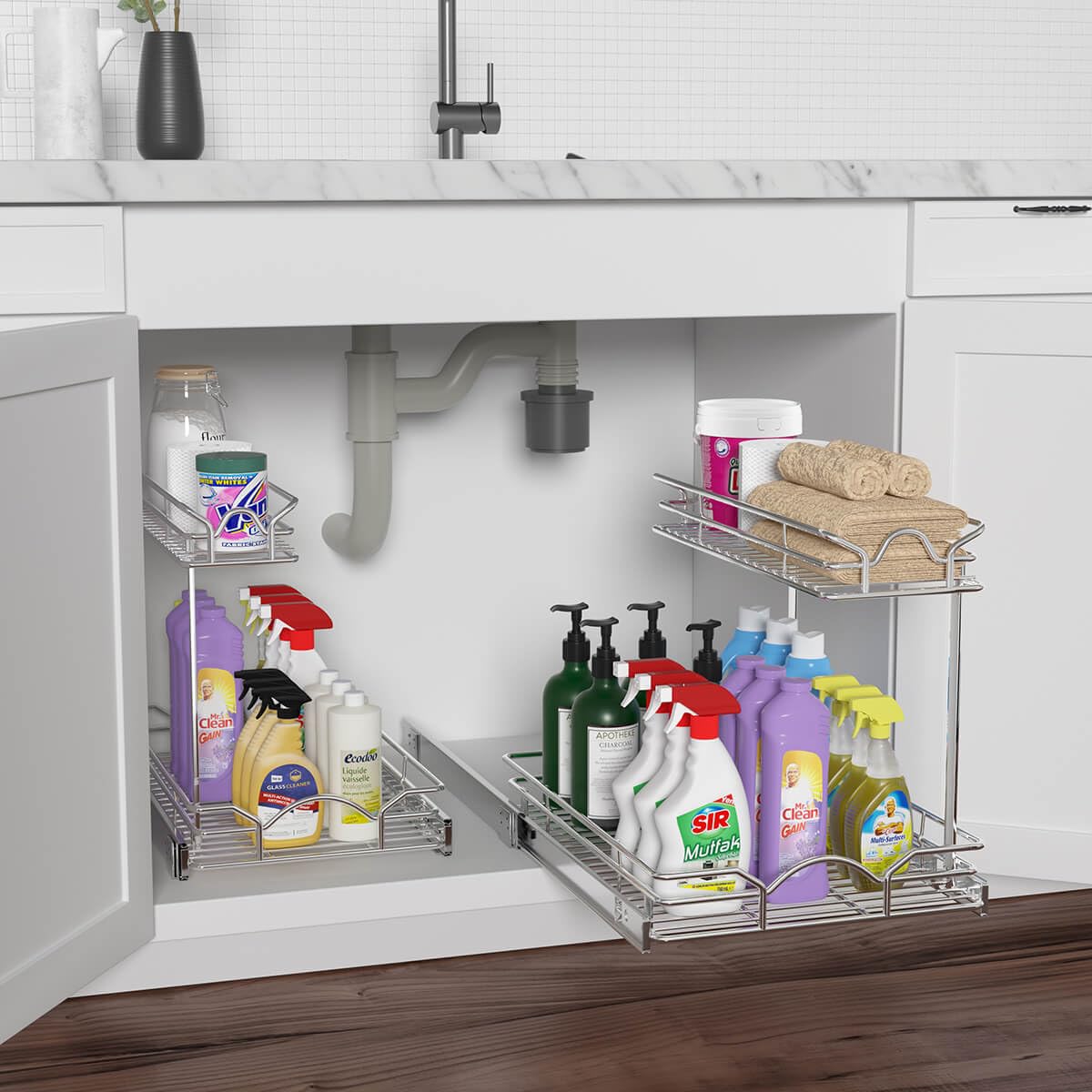 2-Tier Under Sink Pull-Out Organizer – Chrome Sliding Cabinet Shelf for Kitchen & Bathroom Storage