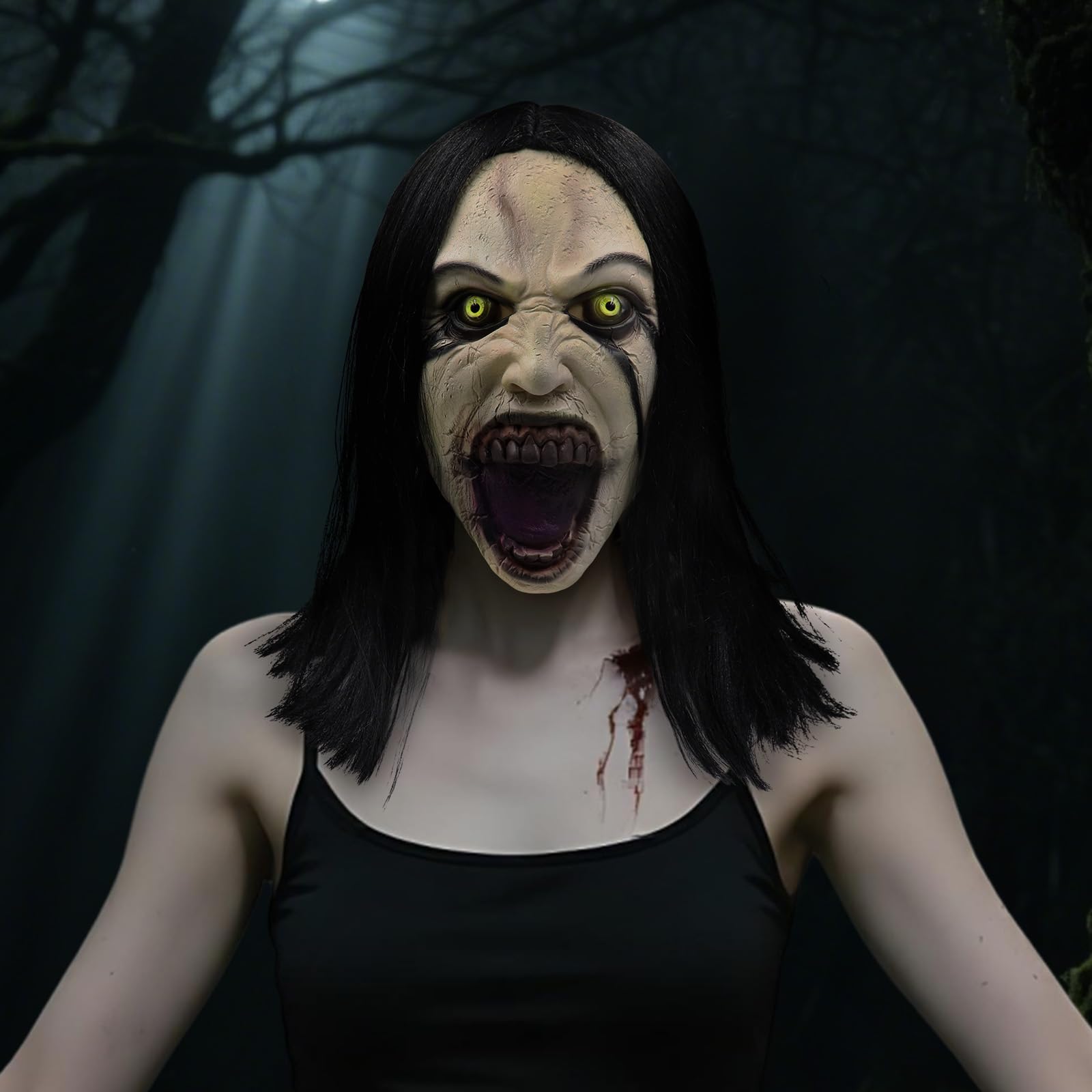 Crying Woman’s Cursed Latex Mask – Scary Full-Head Ghost Mask with Realistic Hair for Halloween 👻💀🕯️