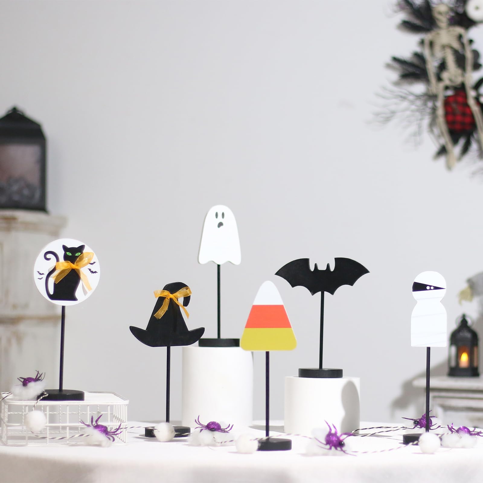 Set of 6 Wooden Halloween Table Centerpieces – Ghost, Bat, Black Cat & Witch Hat Decorations for Home & Party