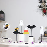 Set of 6 Wooden Halloween Table Centerpieces – Ghost, Bat, Black Cat & Witch Hat Decorations for Home & Party