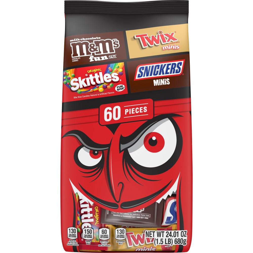 M&M’S, SNICKERS, SKITTLES & TWIX Halloween Variety Bag – 60 Count Fun Size Chocolate & Fruity Candy Mix (24 oz Bulk Bag)