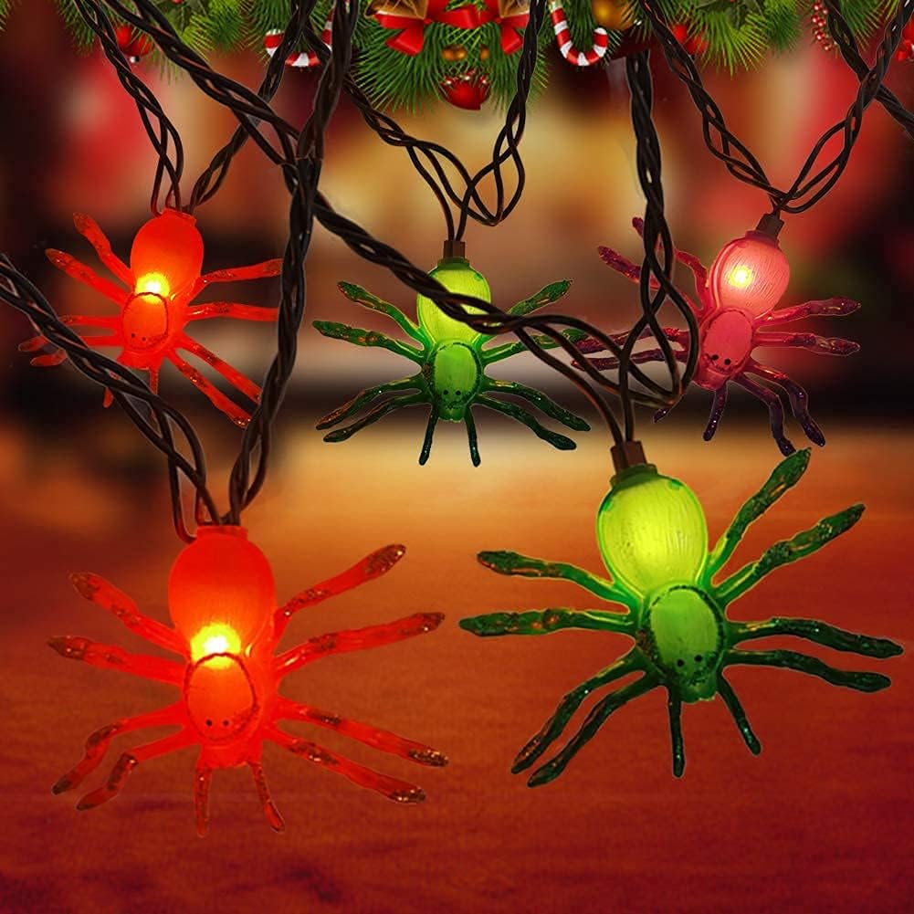 Multicolor Halloween Spider String Lights – 8.5ft Plug-In LED String with 10 Orange, Purple & Green Spiders (Connectable Indoor/Outdoor Décor)