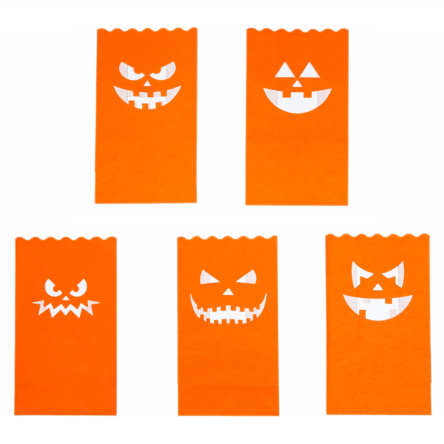 Halloween Pumpkin Luminary Bags – 50 Pack Flame-Resistant Paper Lanterns with 5 Jack-O’-Lantern Designs for Walkways & Parties