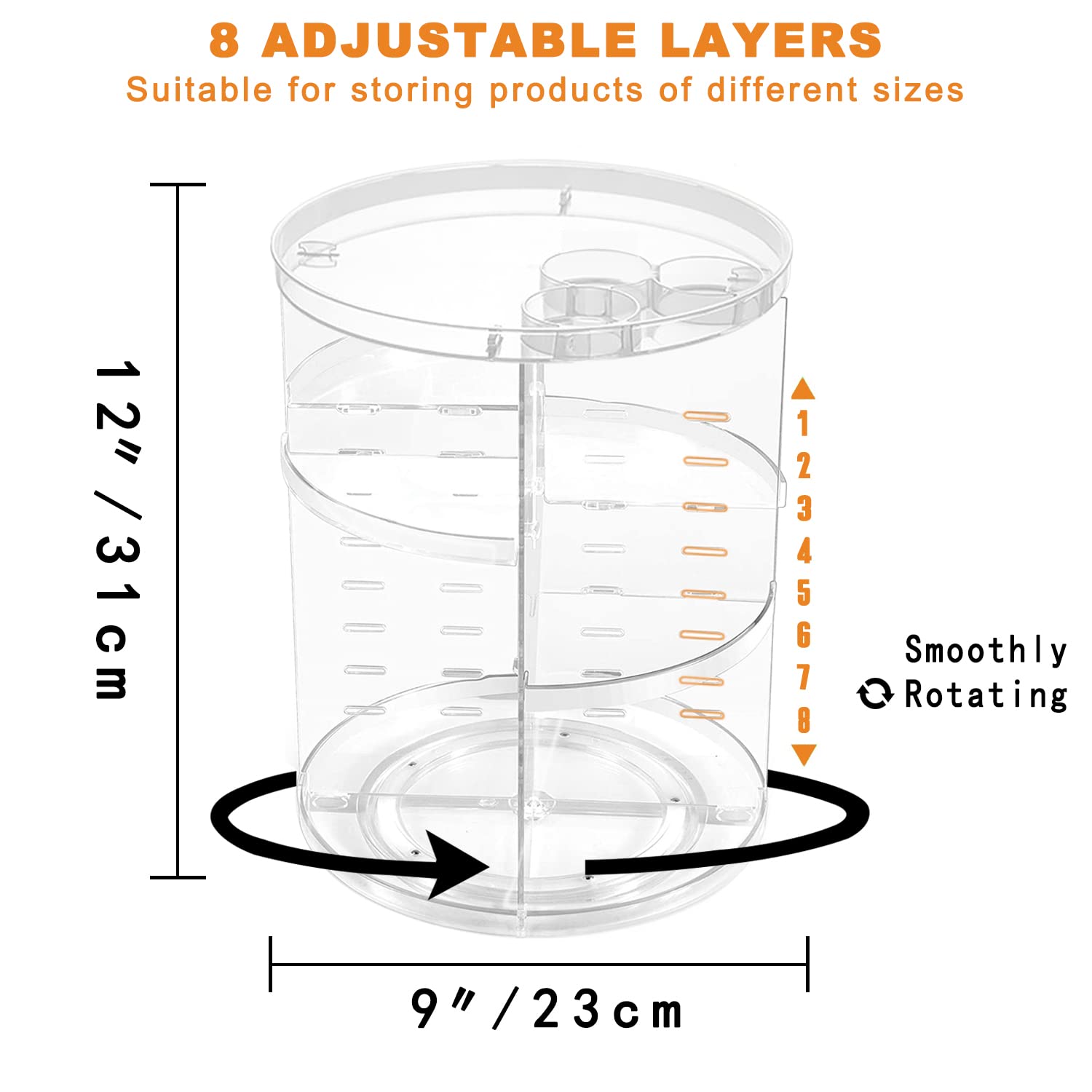 Rotating Makeup Organizer with 8 Adjustable Layers – 360° Spinning Cosmetic & Skincare Storage Carousel (Clear)