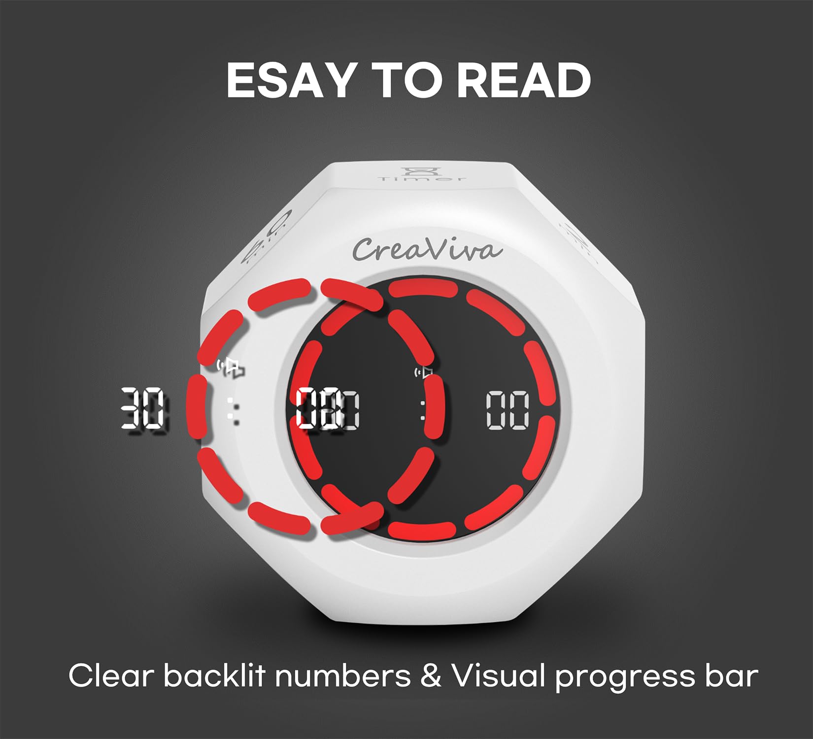 CREAVIVA Smart Flip Cube Pomodoro Timer with Visual Countdown, Stopwatch Mode & Triple Alarm Options – White