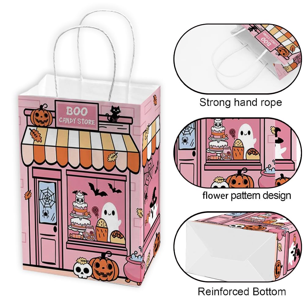 Lofaris 24 Pcs Halloween Bags 16x8x22cm, Boo Candy Store Treat Bags with Cute Ghosts & Pumpkins, Pink & Orange Party Favor Bags for Kids, Trick or Treat Goodie with Handles