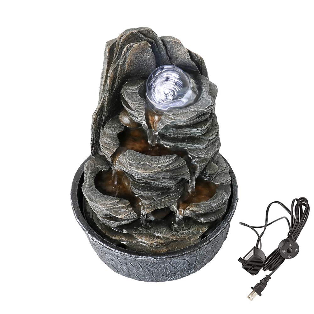 LED Rock Waterfall Table Fountain with Crystal Orb, 4-Tier Indoor Zen Water Feature & Ultra Quiet Pump – 9.8" Decorative Desktop Fountain