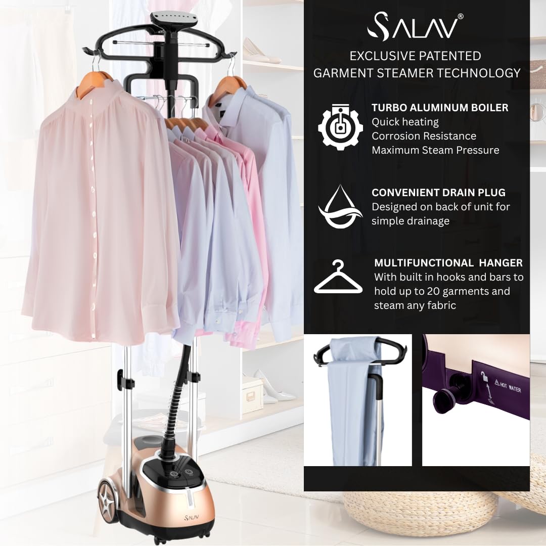 Professional Standing Garment Steamer 1500W with 1.8L Tank, Dual Bar Support and Rolling Wheels System