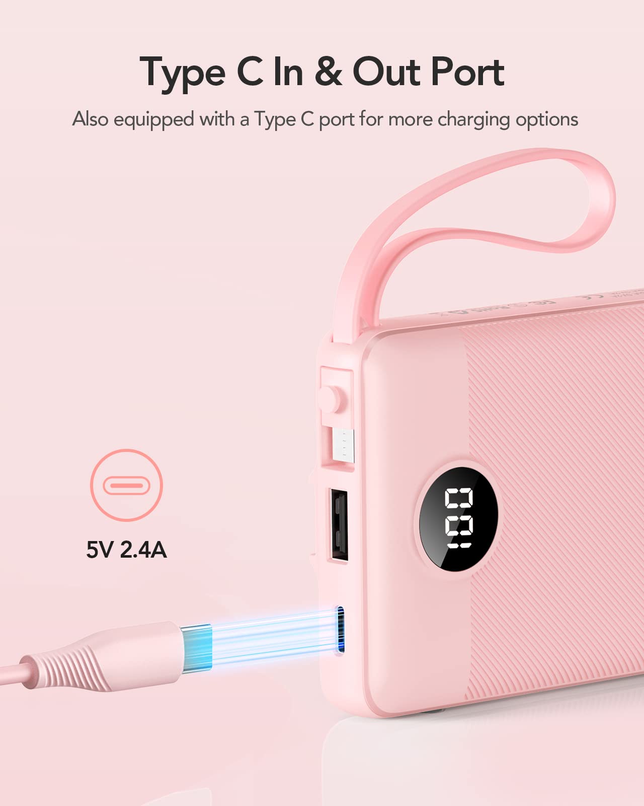 VRURC 10000mAh Portable Power Bank with Built-in Cables, LED Display & Multi-Device Fast Charging – Compact Travel Charger Pink