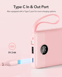 VRURC 10000mAh Portable Power Bank with Built-in Cables, LED Display & Multi-Device Fast Charging – Compact Travel Charger Pink