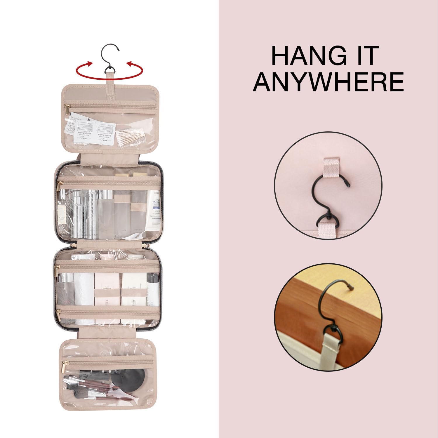 Hanging Toiletry Bag for Travel with Hook, Waterproof Cosmetic Organizer for Toiletries and Makeup