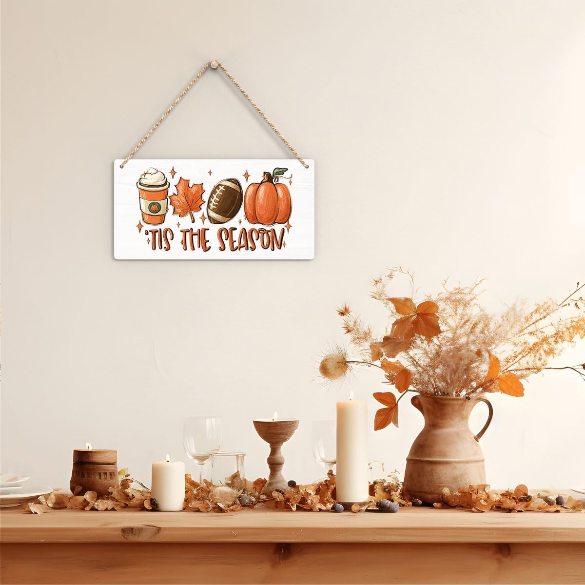 Fall Hanging Wooden Sign – Rustic Maple Leaf, Pumpkin & Football Wall Decor for Home & Porch