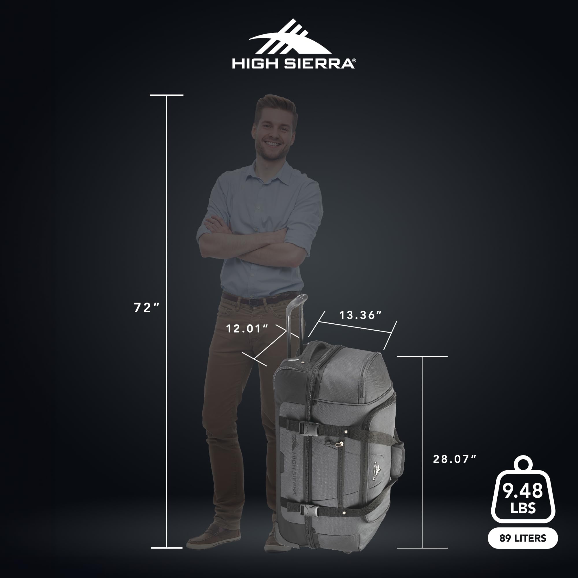 High Sierra 28” Wheeled Rolling Duffel Bag, 64L Durable Drop-Bottom Travel Duffle with Telescoping Handle (Mercury/Black)