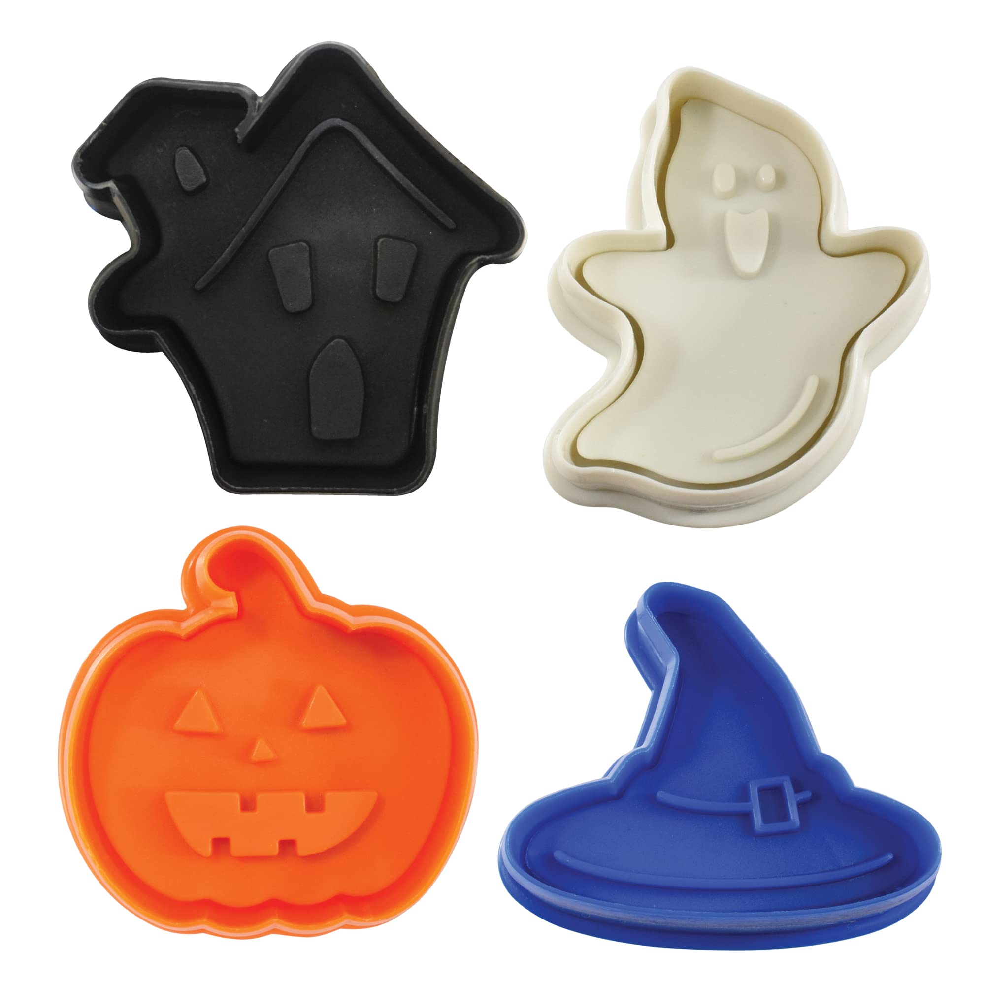 R&M International Halloween Cookie Stamp Set – Haunted House, Witch Hat, Ghost & Pumpkin (4-Piece, Silver)