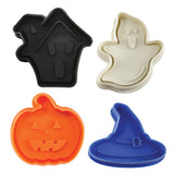R&M International Halloween Cookie Stamp Set – Haunted House, Witch Hat, Ghost & Pumpkin (4-Piece, Silver)