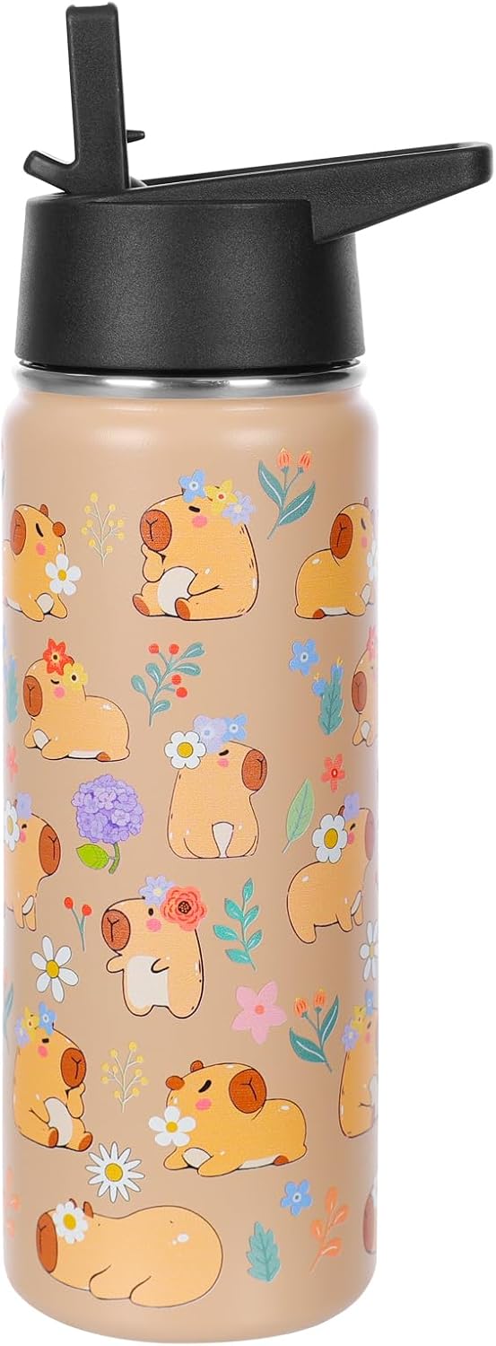 18 oz Kids Capybara Water Bottle with Straw, Direct-Sip Lid, Safety Lock and Keychain