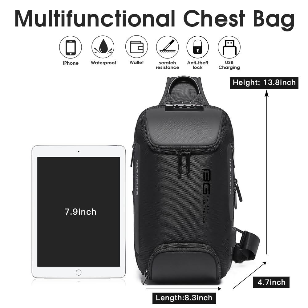 BANGE Anti-Theft Sling Backpack with Lock – Waterproof Crossbody Shoulder Bag with USB Charging Port (Black)