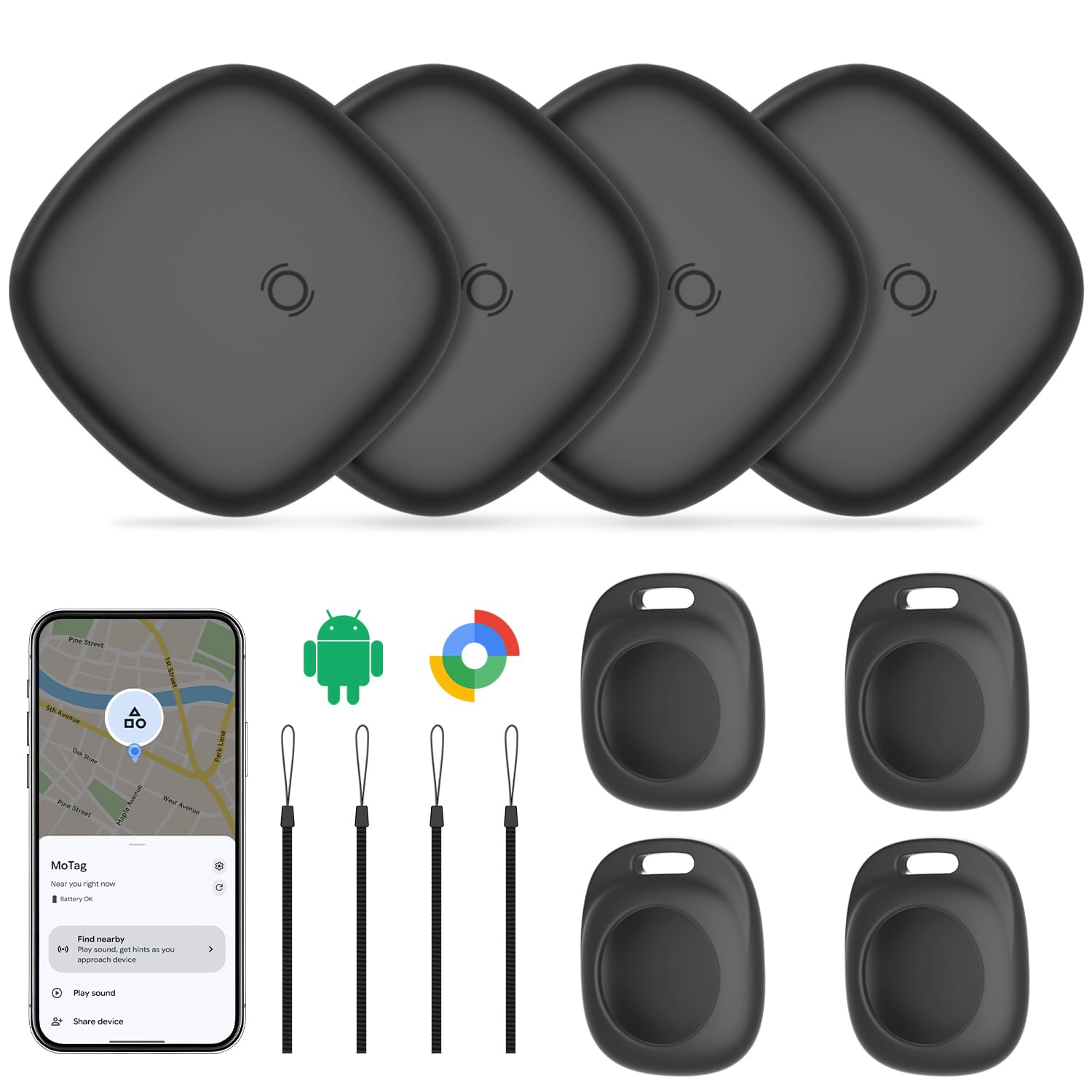 Android Air Tracker 4-Pack Bluetooth Item Locator, Find Hub Compatible Smart Luggage and Key Tracker with Replaceable Battery