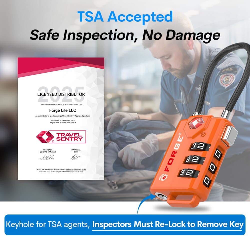 TSA-Approved Cable Luggage Locks (4-Pack) – Resettable 3-Digit Combination, Heavy-Duty Alloy Body (Orange)