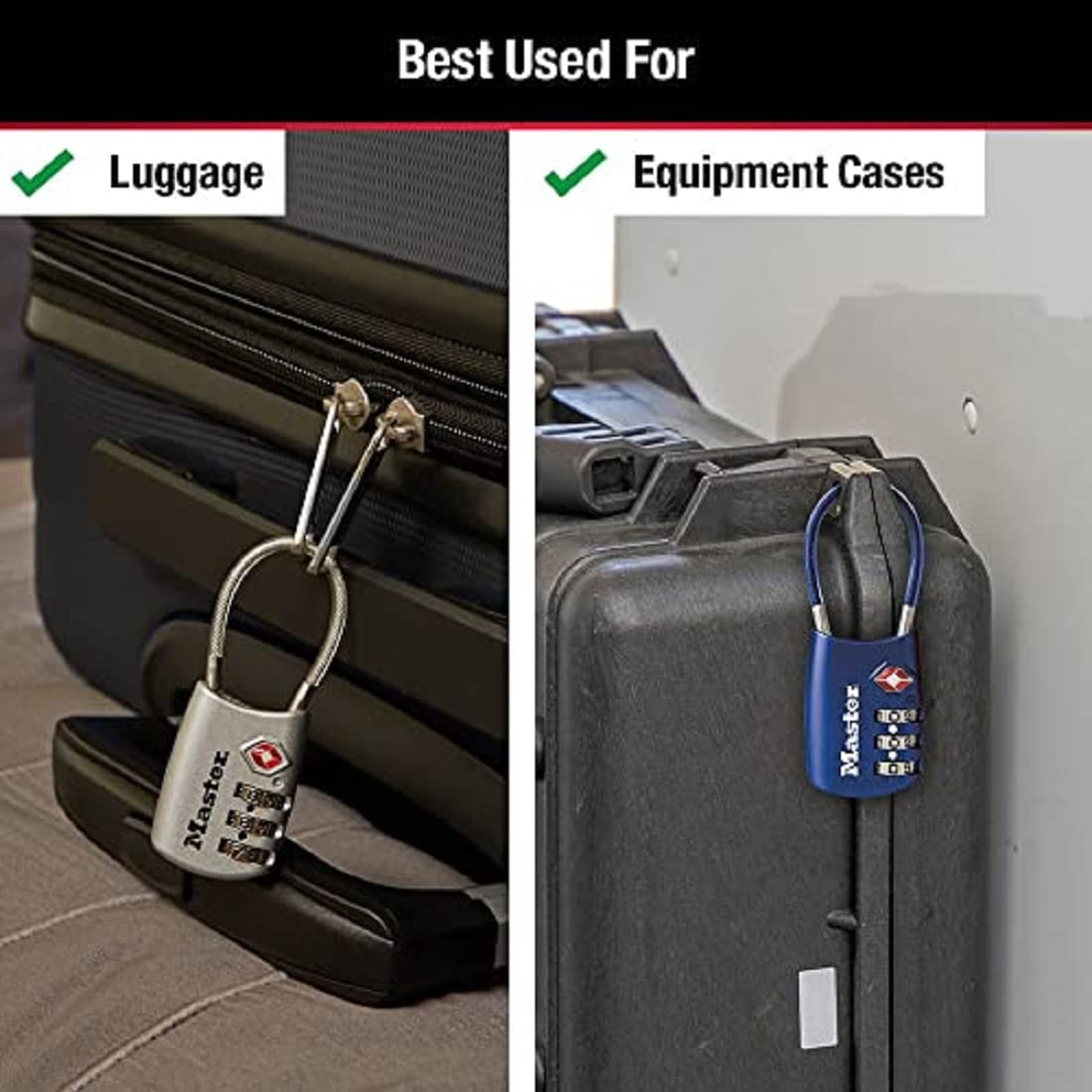 Master Lock TSA Accepted Combination Luggage Lock with Flexible Steel Cable, Resettable 3-Dial Travel Padlock