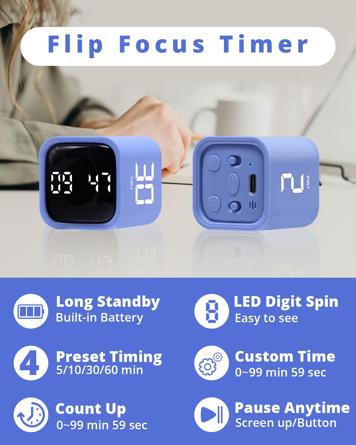 Productivity Timer Cube with Flip Control, Custom Countdown & Count-Up, Silent Vibration Desk Timer for Work, Study & Kitchen – Blue
