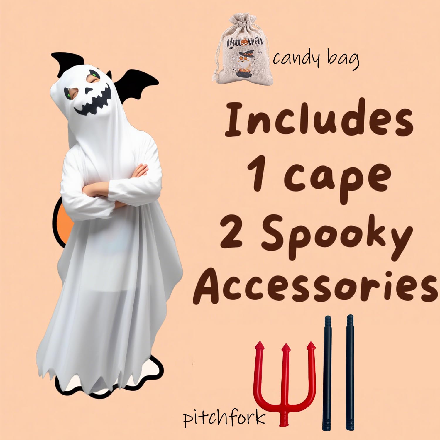 Kids Classic White Ghost Halloween Costume Set – Includes Sheet, Treat Bag & Pitchfork (Ages 3–9)