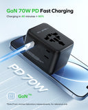 MOMAX Mini 7-in-1 Universal Travel Adapter GaN 70W – Dual AC, 3×USB-C PD & 2×USB-A Fast Charger (Black)
