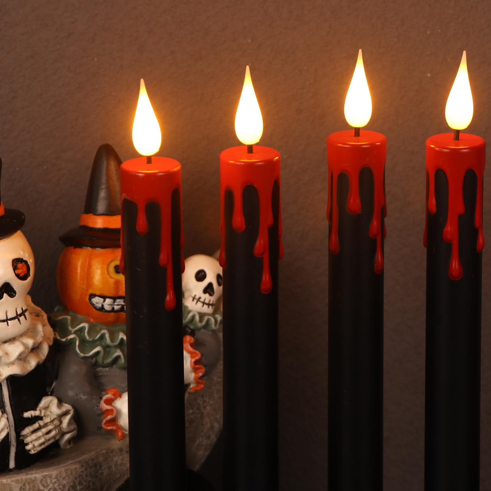 Black Flameless Taper Candles with Remote – 4 Pack Drip Wax LED Candlesticks, Timer & Flickering 3D Flame Design for Halloween Decor