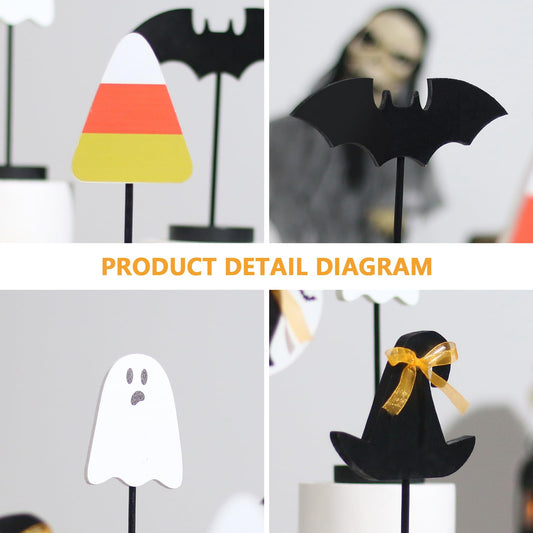 Set of 6 Wooden Halloween Table Centerpieces – Ghost, Bat, Black Cat & Witch Hat Decorations for Home & Party
