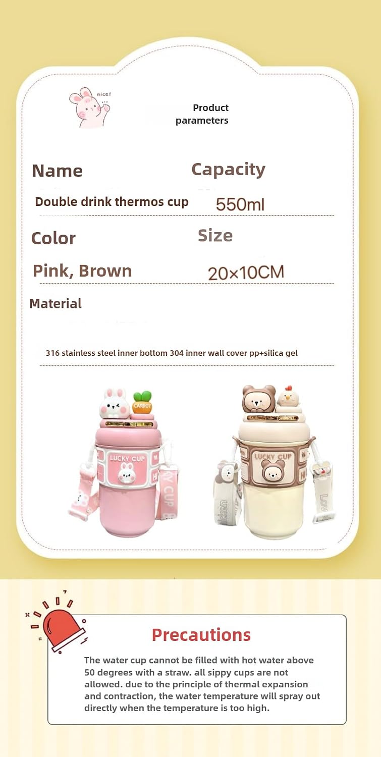 18.6 oz Kids Insulated Stainless Steel Cup with Dual Straws – Leakproof School Water Bottle
