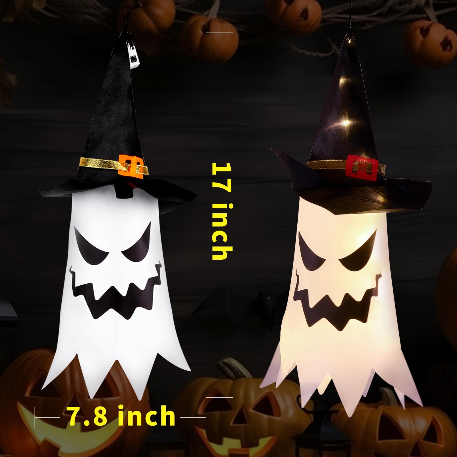 Halloween Lighted Ghost Witch Hats – 4 Pack Hanging LED Decorations with 3 Flash Modes for Indoor & Outdoor Use (Warm White)