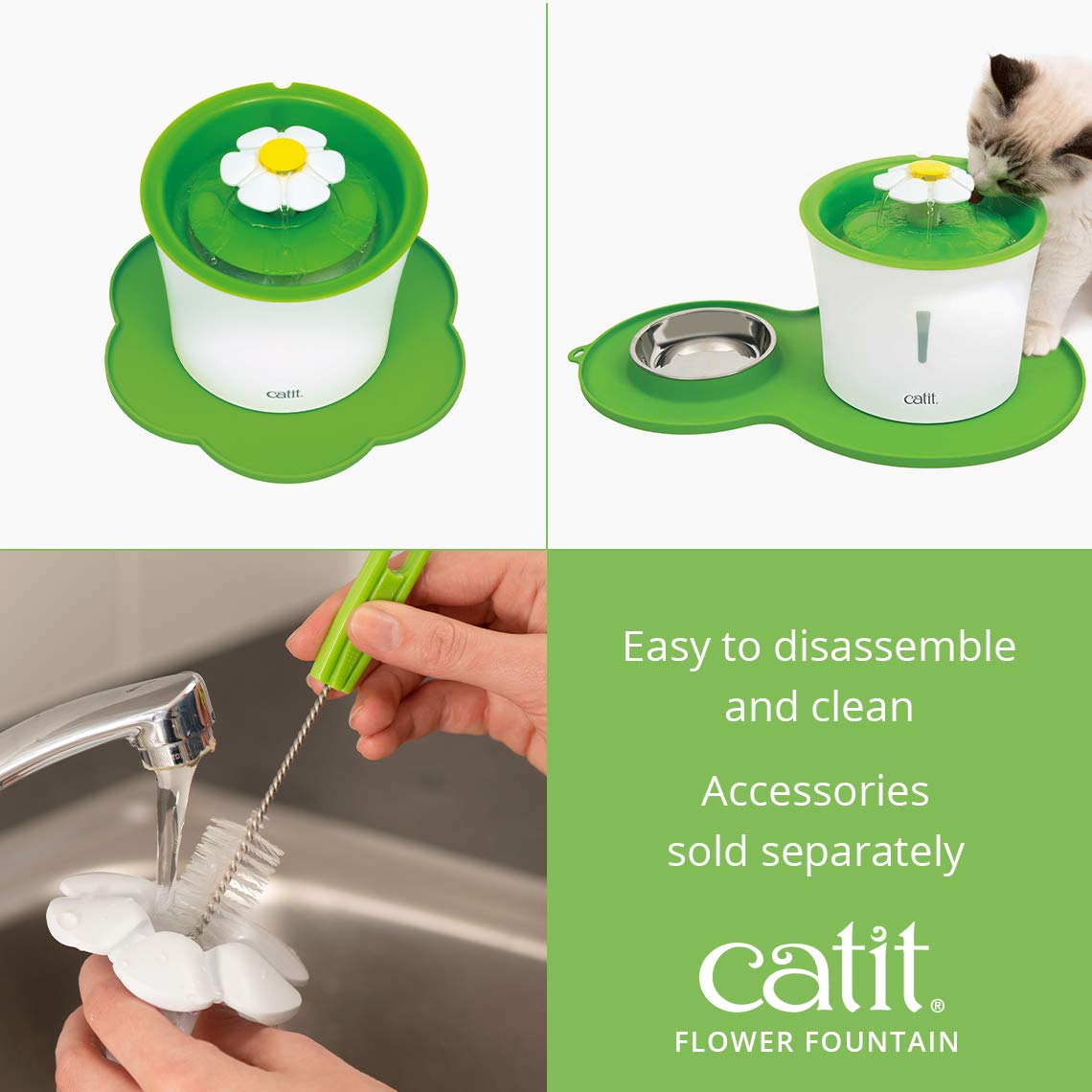 Catit Flower Cat Water Fountain 3L with Triple Action Filter, Ultra Quiet Pump & Multi-Flow Hydration System – BPA-Free Green Pet Fountain