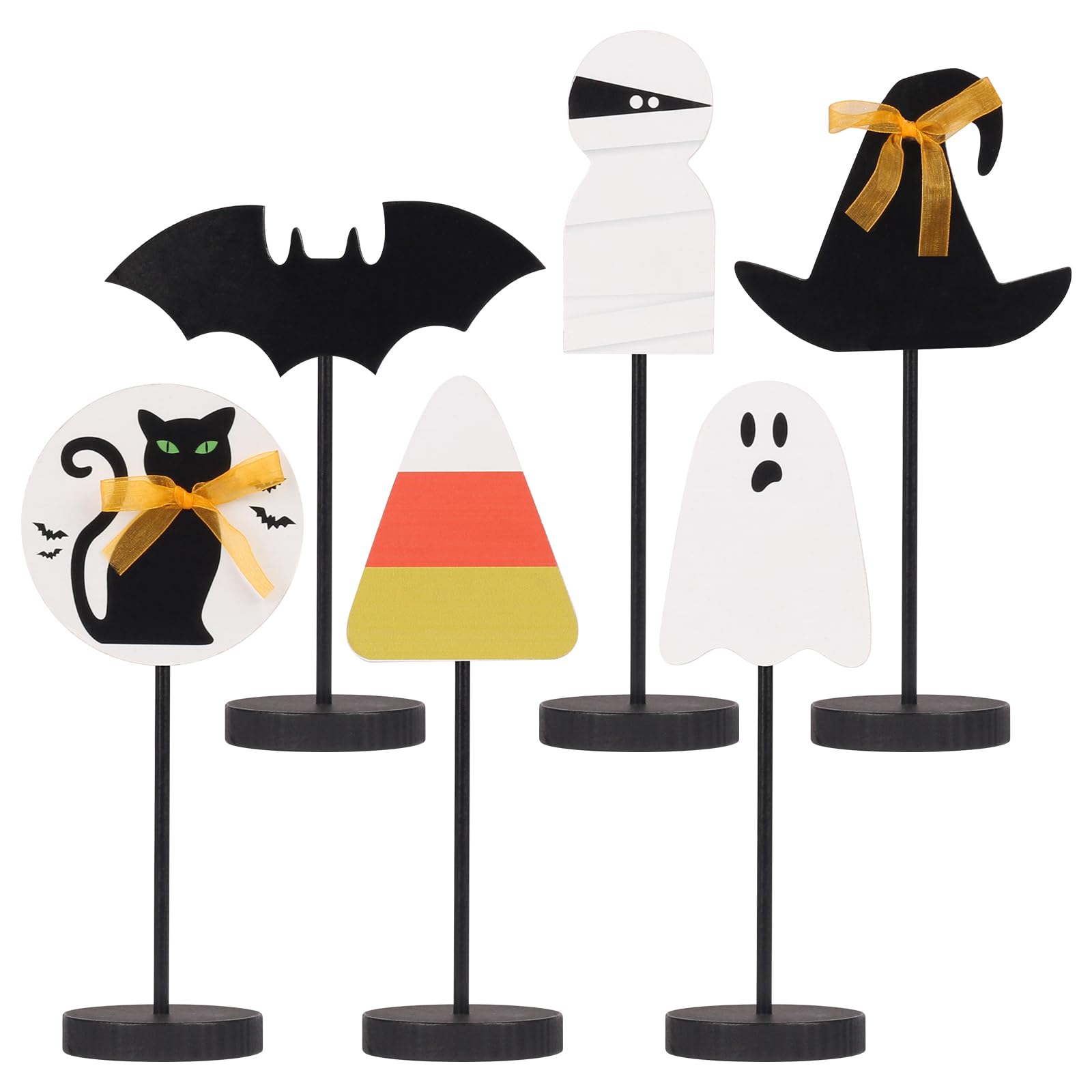 Set of 6 Wooden Halloween Table Centerpieces – Ghost, Bat, Black Cat & Witch Hat Decorations for Home & Party