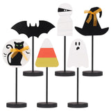 Set of 6 Wooden Halloween Table Centerpieces – Ghost, Bat, Black Cat & Witch Hat Decorations for Home & Party