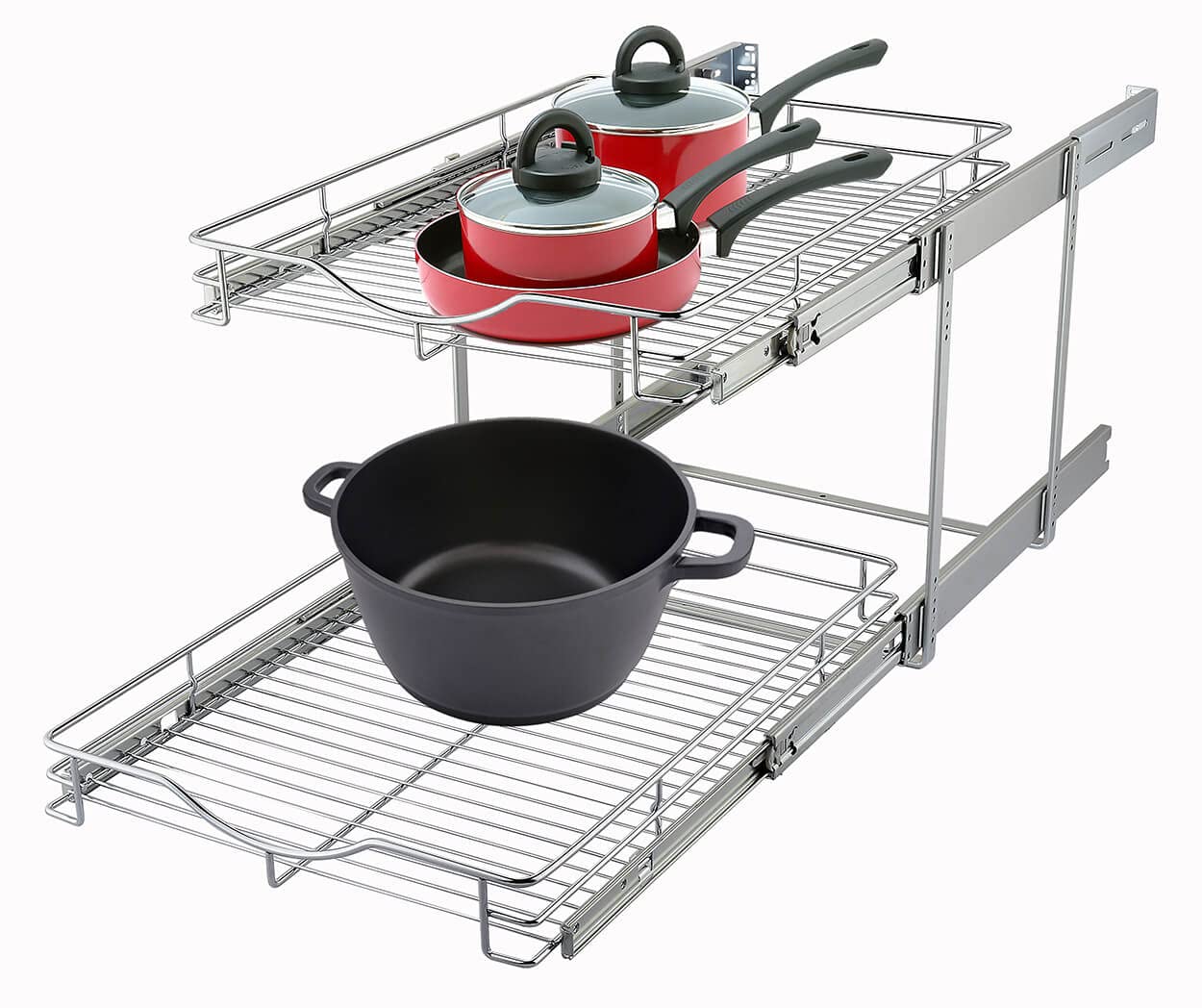 DINDON Compact 2-Tier Chrome Pull-Out Cabinet Organizer – Dual Slide-Out Wire Baskets for Kitchen, Pantry & Bathroom Cabinets