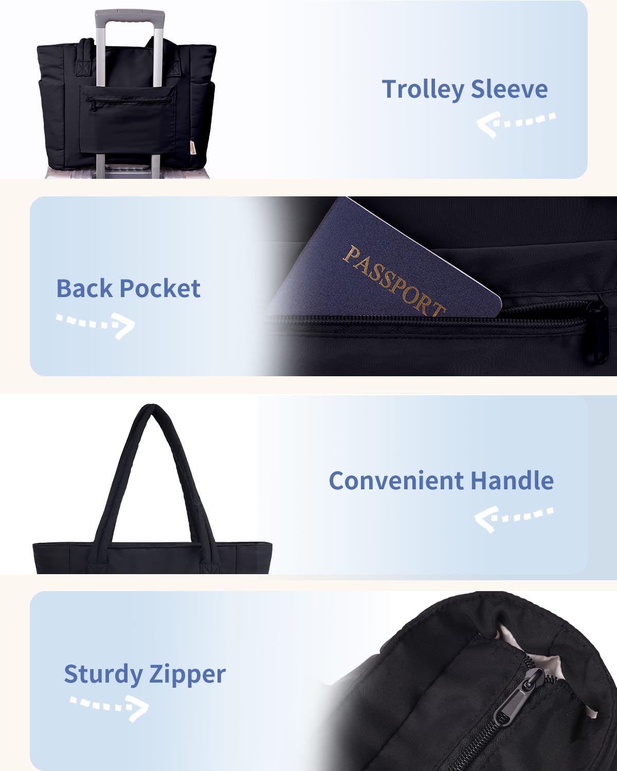 Wandering Nature Puffer Tote Bag with 40oz Tumbler Holder – Lightweight Laptop Tote with Trolley Sleeve (Black)