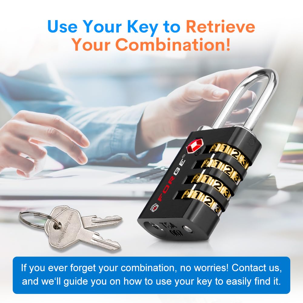 Forge TS-431 TSA Approved Luggage Lock with Key & 4-Digit Combination, Heavy Duty Zinc Alloy Travel Security Lock