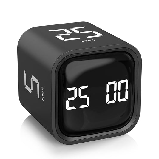 Rotating Pomodoro Timer Cube with Gravity Sensor, Preset 5/10/25/50 Min, Custom Countdown & Stopwatch, Silent Vibration Desk Timer for Work, Study & Kitchen – Black