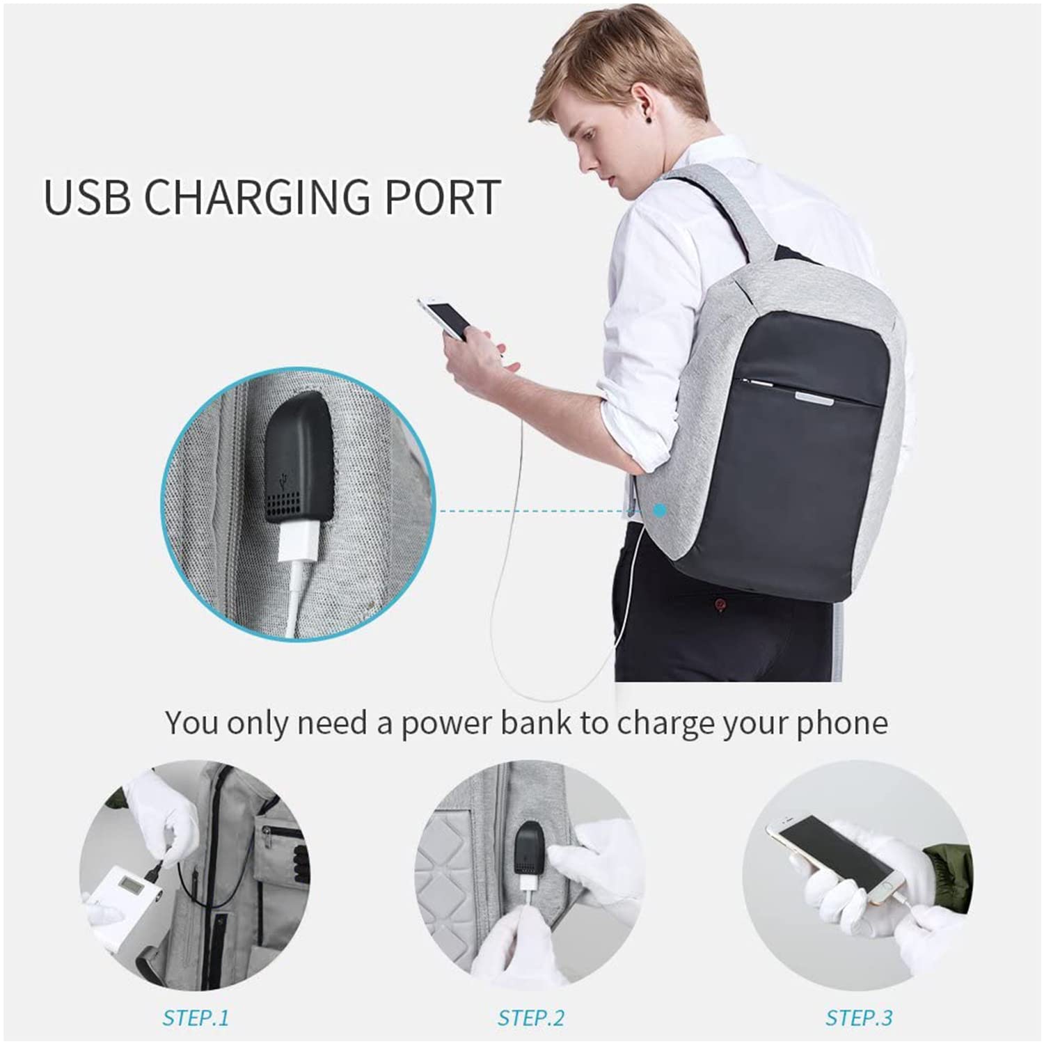 Oscaurt Anti-Theft 15.6-Inch Laptop Backpack with Hidden Zippers & USB Charging Port – Light Grey