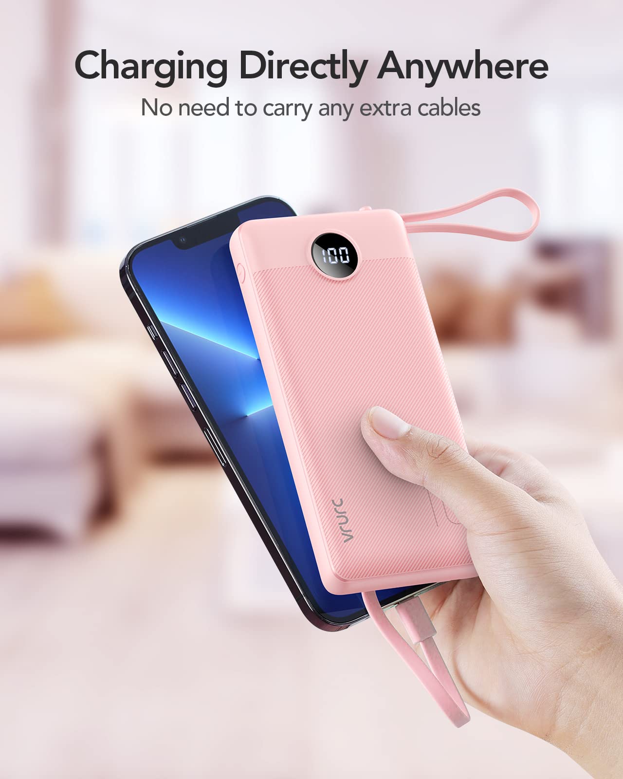 VRURC 10000mAh Portable Power Bank with Built-in Cables, LED Display & Multi-Device Fast Charging – Compact Travel Charger Pink