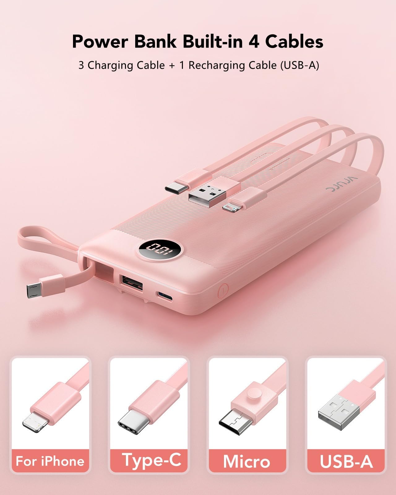 VRURC 10000mAh Portable Power Bank with Built-in Cables, LED Display & Multi-Device Fast Charging – Compact Travel Charger Pink