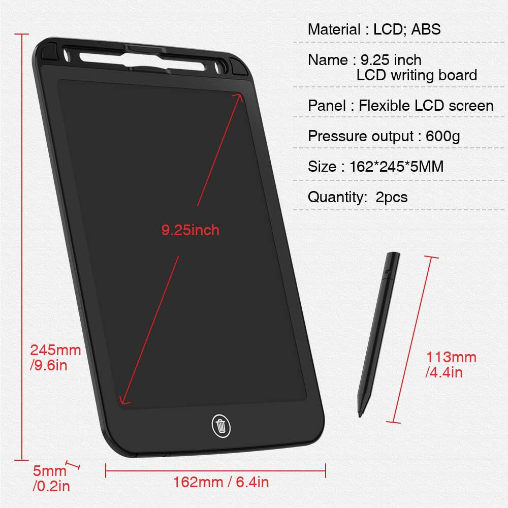 TIQUS 9.25” LCD Writing Tablet 2-Pack with Lock Screen & Stylus – Reusable Digital Drawing & Note Board (Black)