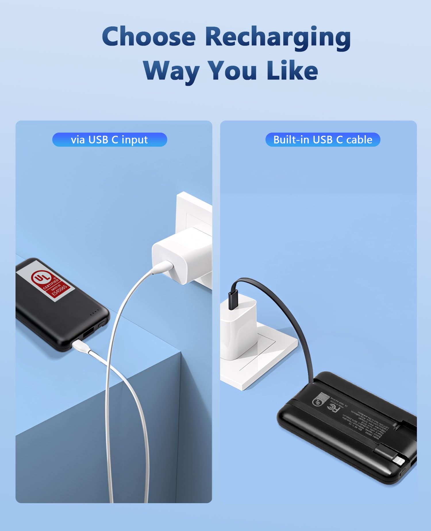 Miady 2-Pack 5000mAh Mini Portable Charger with Built-in Lightning & USB-C Cables, Pocket Power Bank for iPhone, Android & Travel