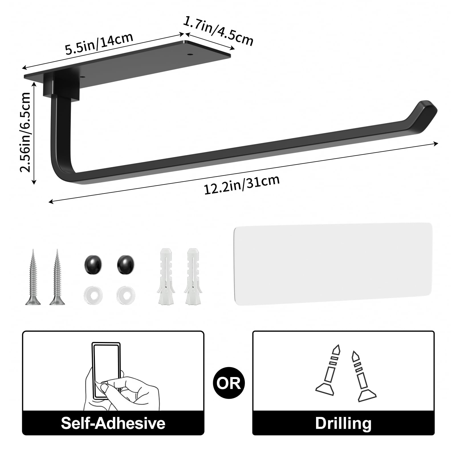 Matte Black Paper Towel Holder – Aluminum Kitchen Roll Dispenser, Adhesive or Drill Mount, Under Cabinet or Wall