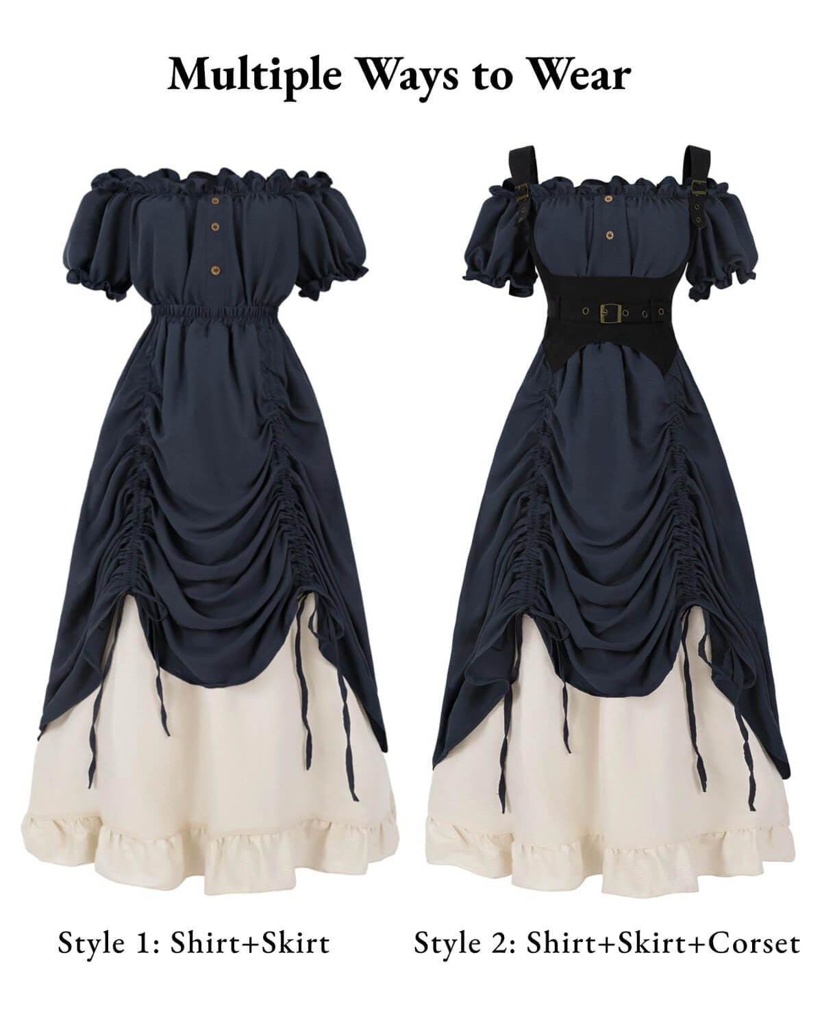 Blue 3-Piece Renaissance Pirate Costume Set – Medieval Steampunk Dress with Corset Vest & High-Low Skirt