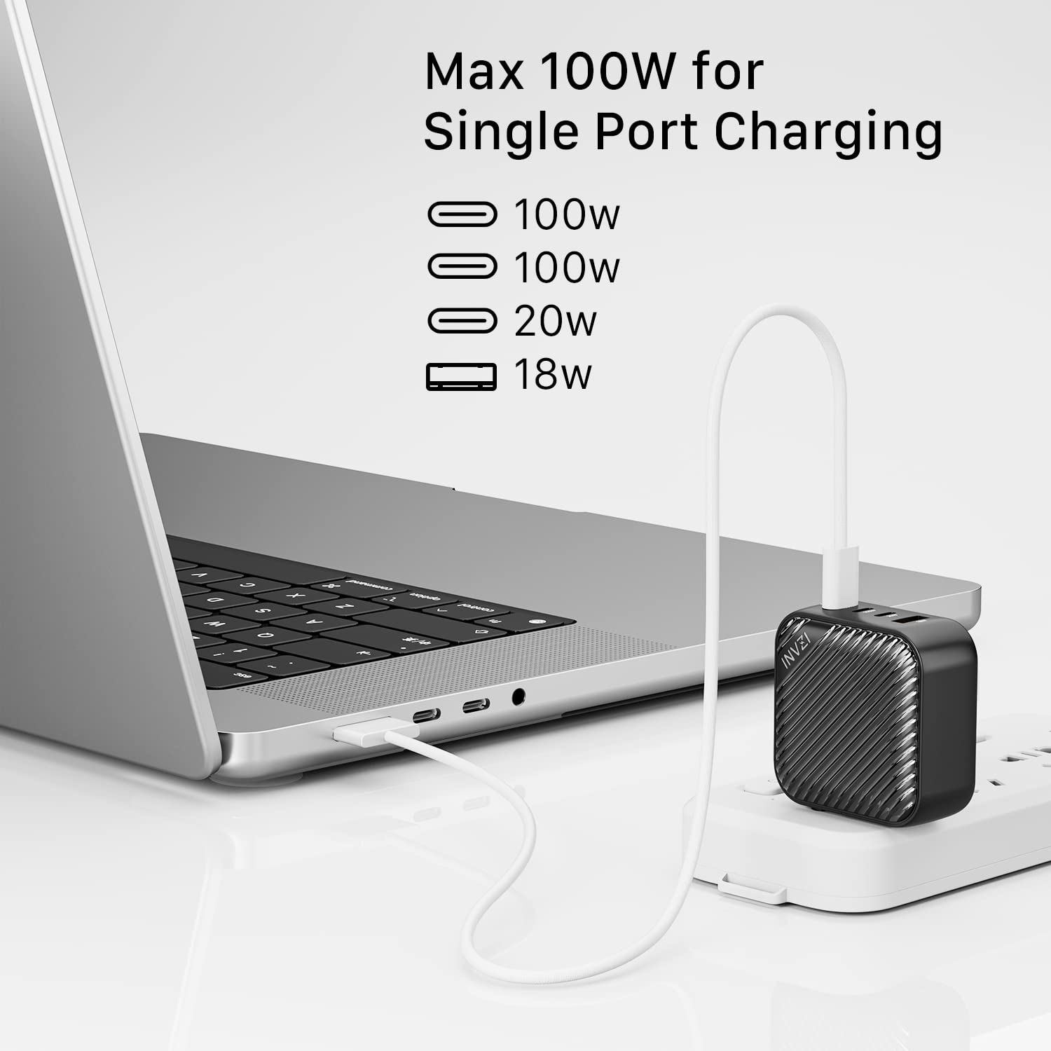 INVZI 100W GaN USB-C Charger 4-Port Fast Charging Power Adapter Compact Multi Device Charging Hub Black