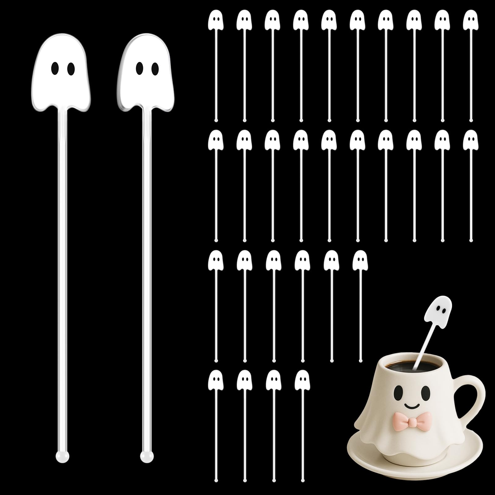 Halloween Ghost Drink Stirrers – 100 Pcs White Plastic Cocktail Swizzle Sticks for Coffee, Tea & Party Drinks