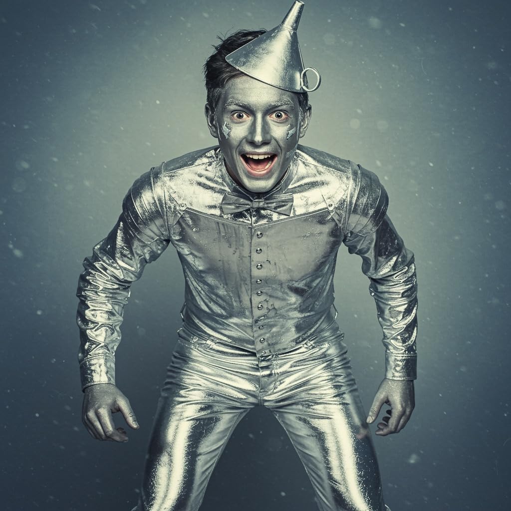 Tin Man Costume Accessory Set – Silver Funnel Hat, Axe, Gloves & Heart Patch 🌪️❤️✨