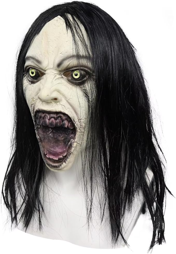 Crying Woman’s Cursed Latex Mask – Scary Full-Head Ghost Mask with Realistic Hair for Halloween 👻💀🕯️